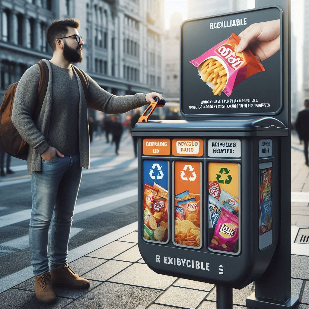Contenedores convencionales ubicados en puntos estratégicos con mensajes que incentiven a la población juvenil de SJL a reciclar las envolturas de snacks.